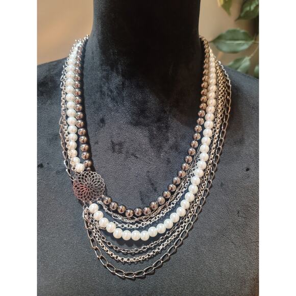 Women's Multi Layer Pearl Beaded Chain Necklace With Silver Flower Pendant - Picture 1 of 6